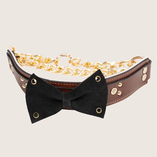 Bruni Boi Brown With Black Bow Leather Duke Collar