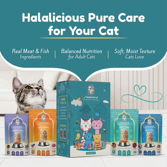 Halalicious Adult Trial Pack Cat Wet Food | Tuna, Mackerel, Fish & Chicken Flavours | 80g x Pack of 6