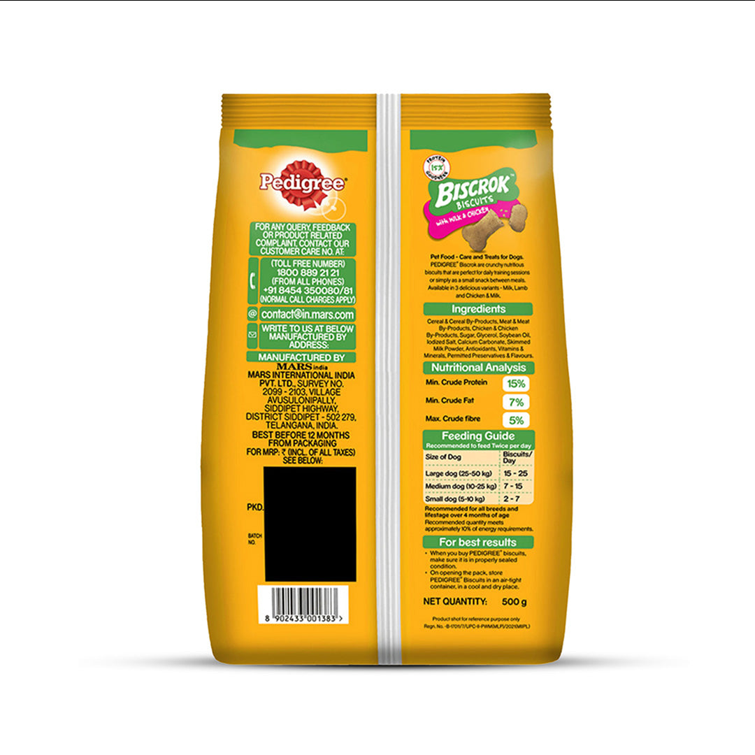 Pedigree Biscrok Biscuits Dog Treat (Above 4 Months), Milk and Chicken Flavor, 500g Pack
