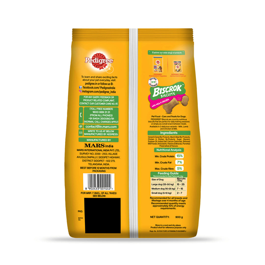 Pedigree Biscrok Biscuits Dog Treat (Above 4 Months), Milk and Chicken Flavor, 900g Pack