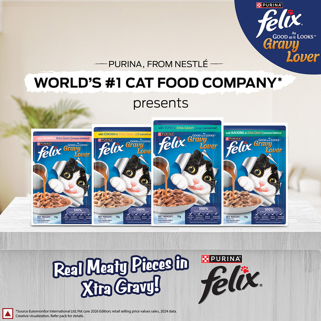 Purina Felix Gravy Lover, Tasty & Real Meaty Mackerel Chunks, Wet Cat Food, Balanced Nutrition, 24 Months, Pack of 12 Pouches (12x70g)