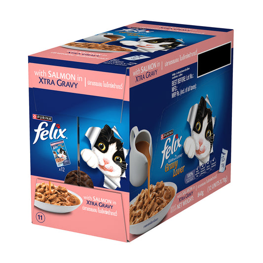 Purina Felix Gravy Lover, Tasty & Real Meaty Salmon Chunks, Wet Cat Food, Balanced Nutrition, 24 Months, Pack of 12 Pouches (12x70g)