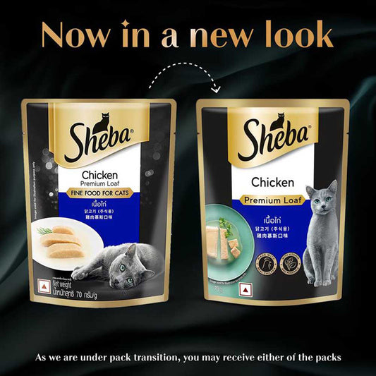 Sheba Fine Premium Adult (1+ Years) Wet Cat Food, Chicken Premium Loaf, 70 g Pouch, High-moisture gravy cat food for healthy hydration