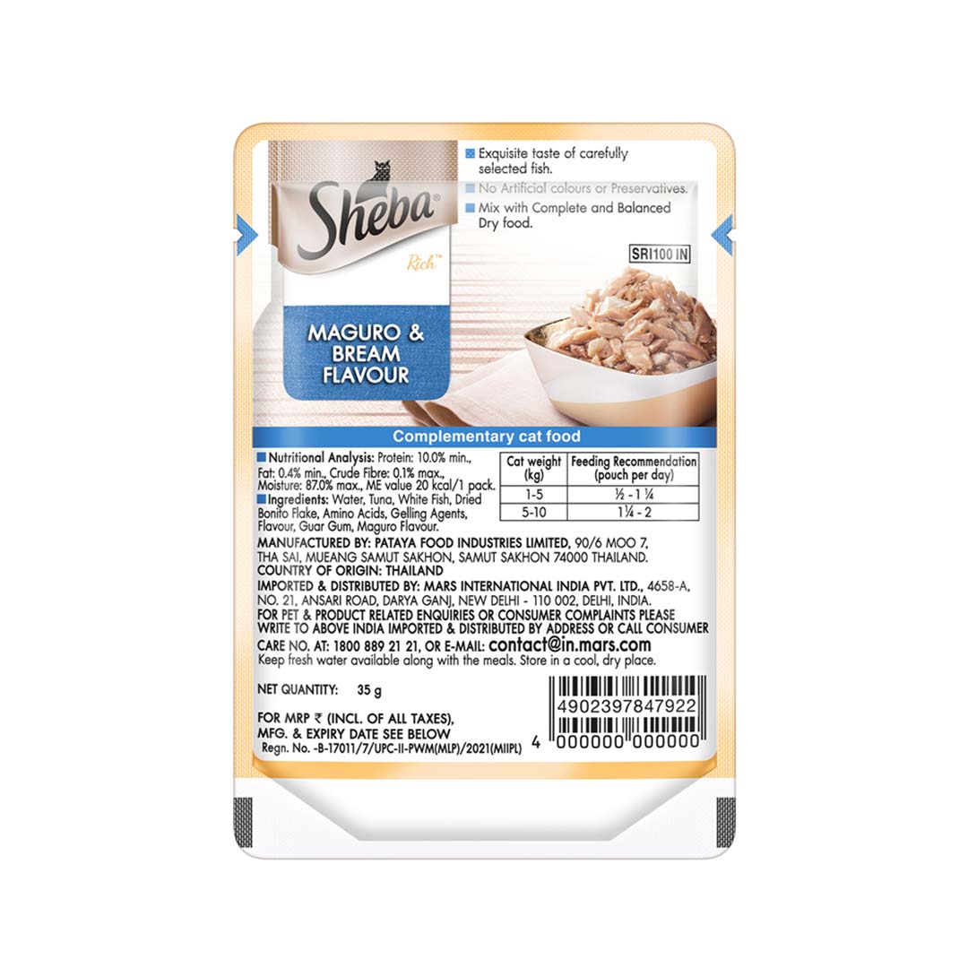 Sheba Rich Premium Adult (1+ Years) Wet Cat Food, Maguro & Bream Flavour, 35 g Pouch, High-moisture wet food for healthy hydration