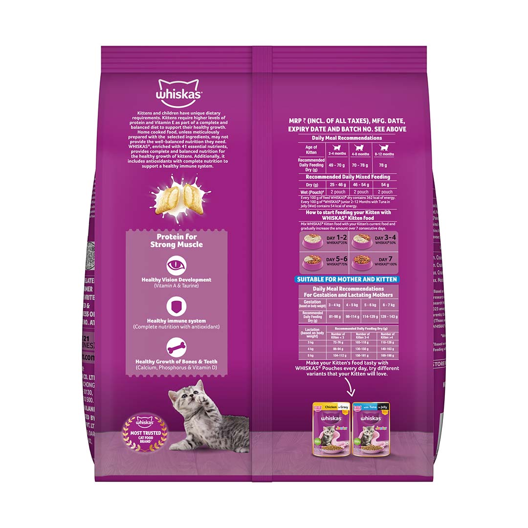 Whiskas Kitten (2-12 months) Dry Cat Food, Ocean Fish Flavour with Milk, 3kg Pack