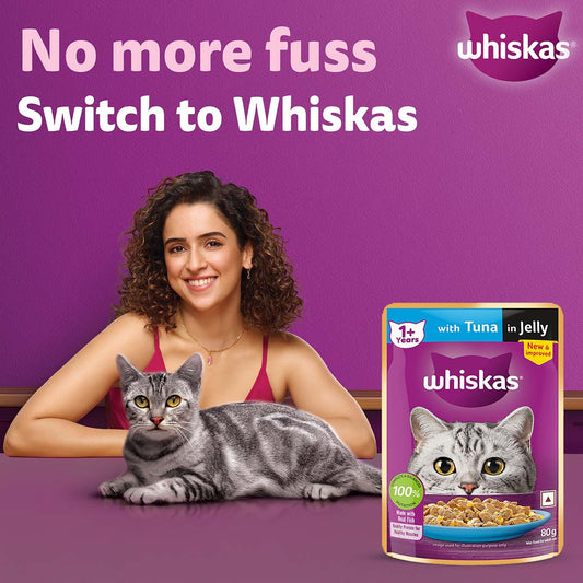 Whiskas Wet Cat Food for Adult Cats (1+Years), Tuna in Jelly Flavour, 80g