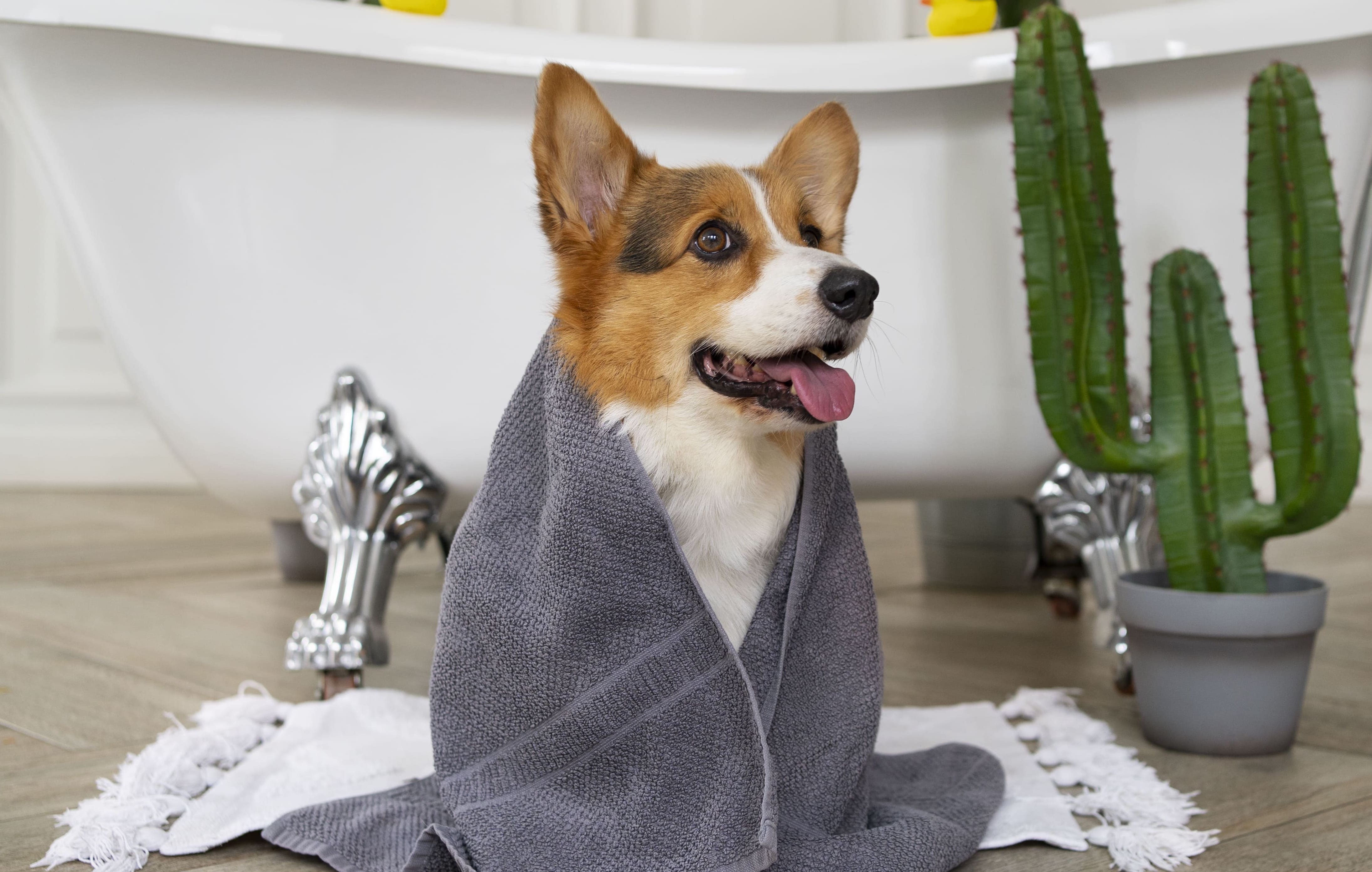 A dog wrapped in a towel in a bathroom