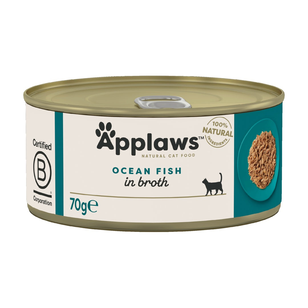 Applaws Natural Premium Wet Cat Food for Adult Cats, Ocean Fish in Broth 70g Can