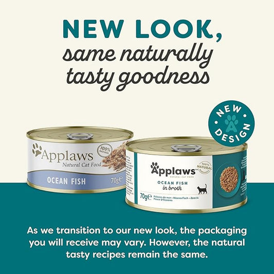 Applaws Natural Premium Wet Cat Food for Adult Cats, Ocean Fish in Broth 70g Can