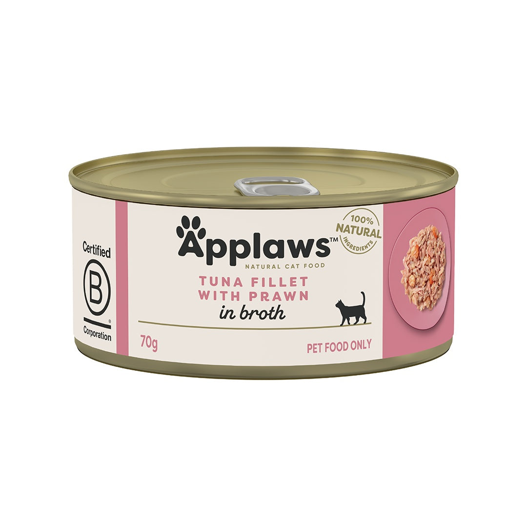 Applaws Natural Premium Wet Cat Food for Adult Cats, Tuna Fillet and Prawns in Broth 70g Can