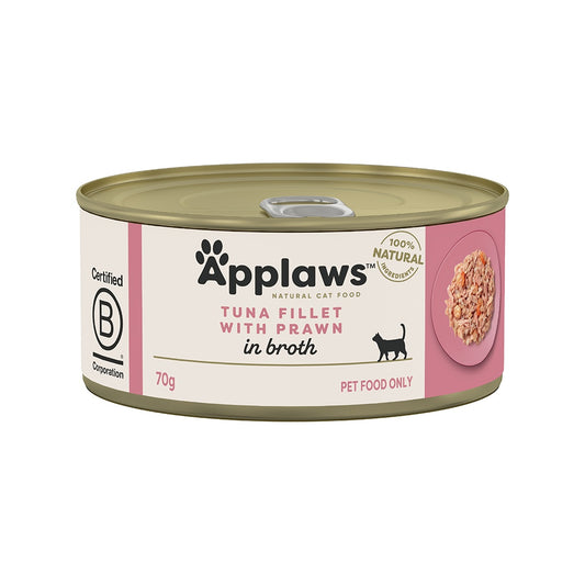 Applaws Natural Premium Wet Cat Food for Adult Cats, Tuna Fillet and Prawns in Broth 70g Can