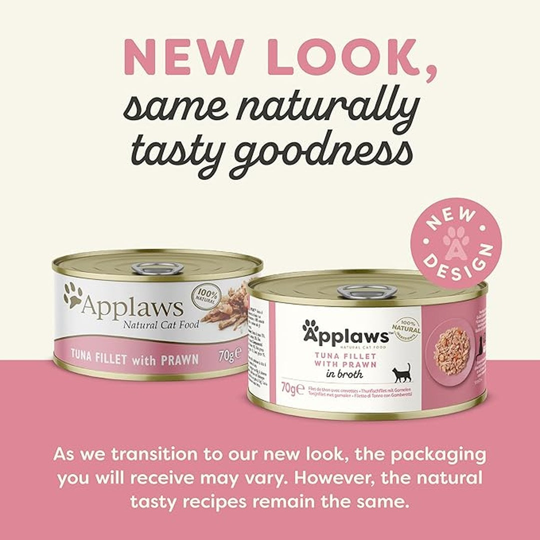 Applaws Natural Premium Wet Cat Food for Adult Cats, Tuna Fillet and Prawns in Broth 70g Can