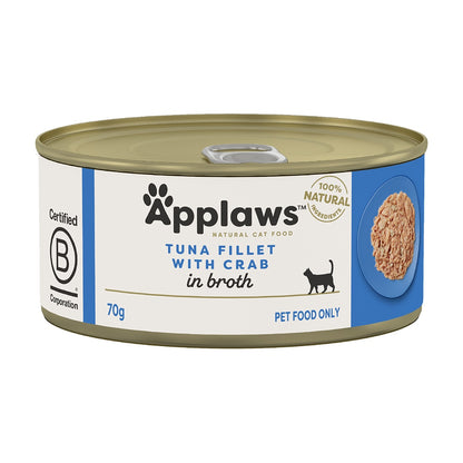 Applaws Natural Premium Wet Cat Food for Adult Cats, Tuna Fillet with Crab in Broth 70g Can