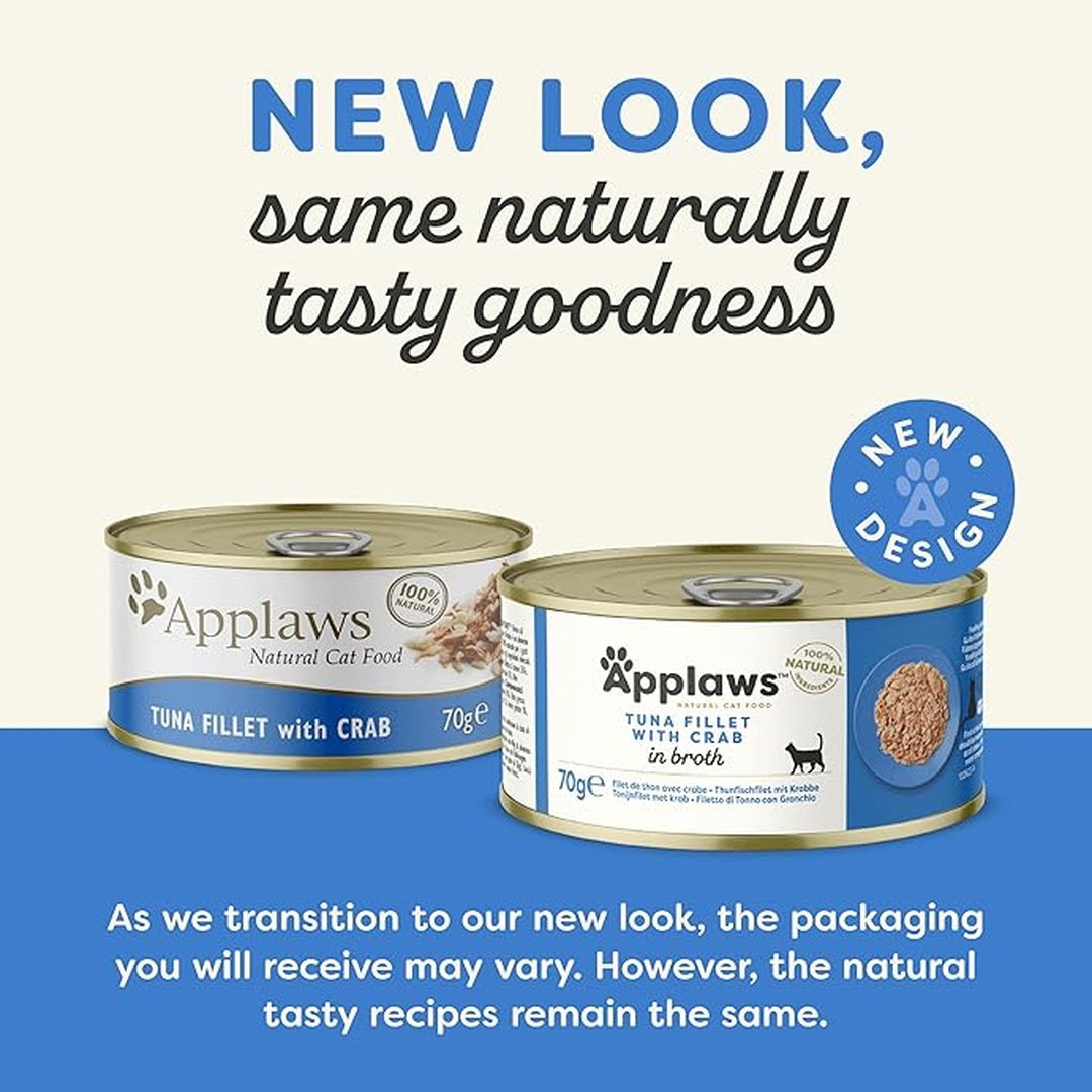 Applaws Natural Premium Wet Cat Food for Adult Cats, Tuna Fillet with Crab in Broth 70g Can