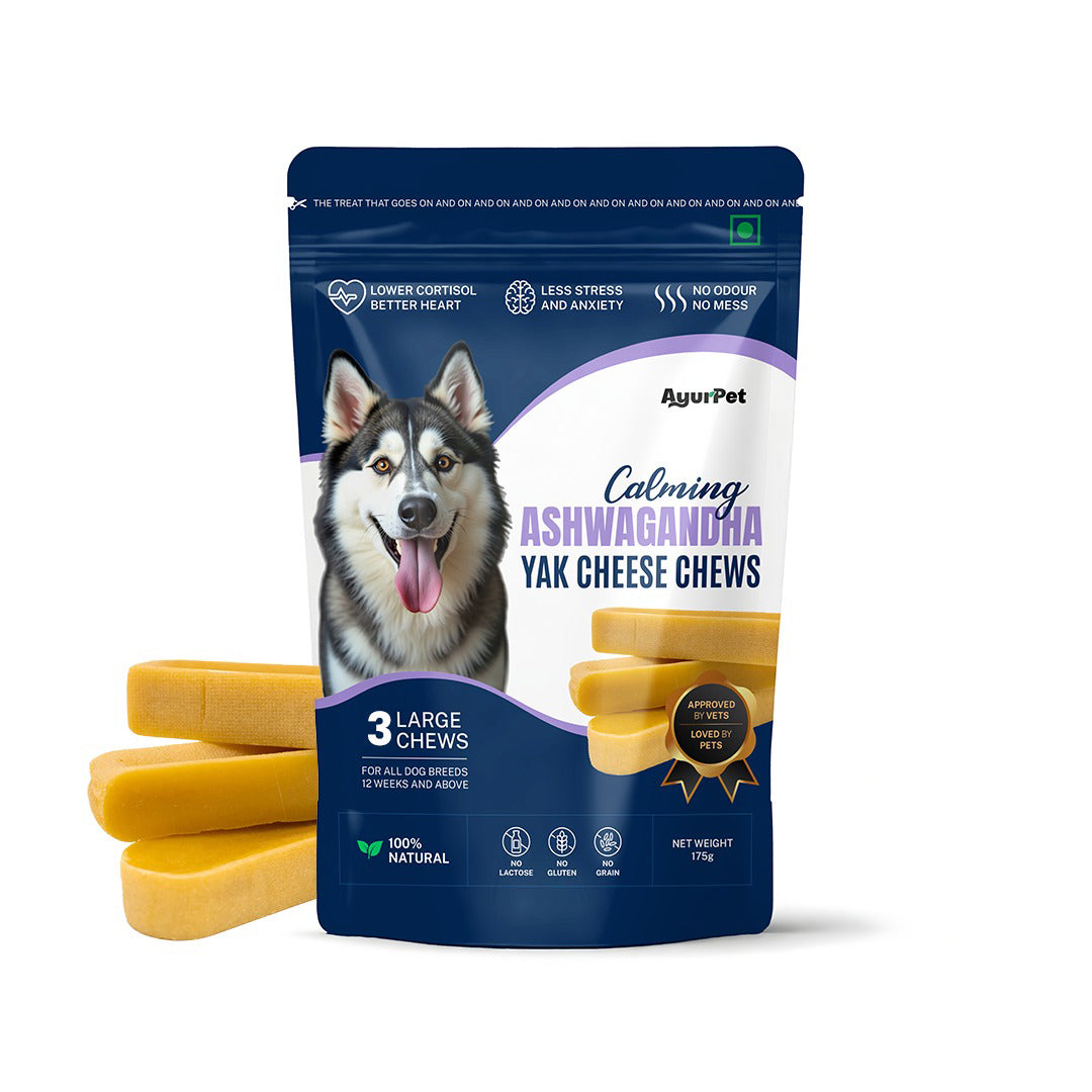 AyurPet Calming Ashwagandha Yak Cheese Chews | 6-Hour Long Lasting Dental Chew | Natural, 100% Veg, Protein-Rich
