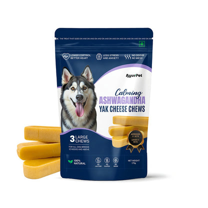 AyurPet Calming Ashwagandha Yak Cheese Chews | 6-Hour Long Lasting Dental Chew | Natural, 100% Veg, Protein-Rich
