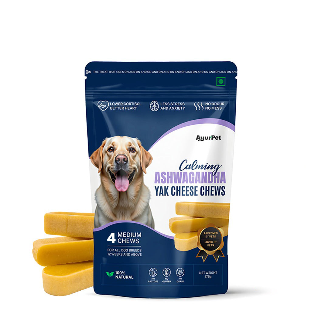AyurPet Calming Ashwagandha Yak Cheese Chews | 6-Hour Long Lasting Dental Chew | Natural, 100% Veg, Protein-Rich
