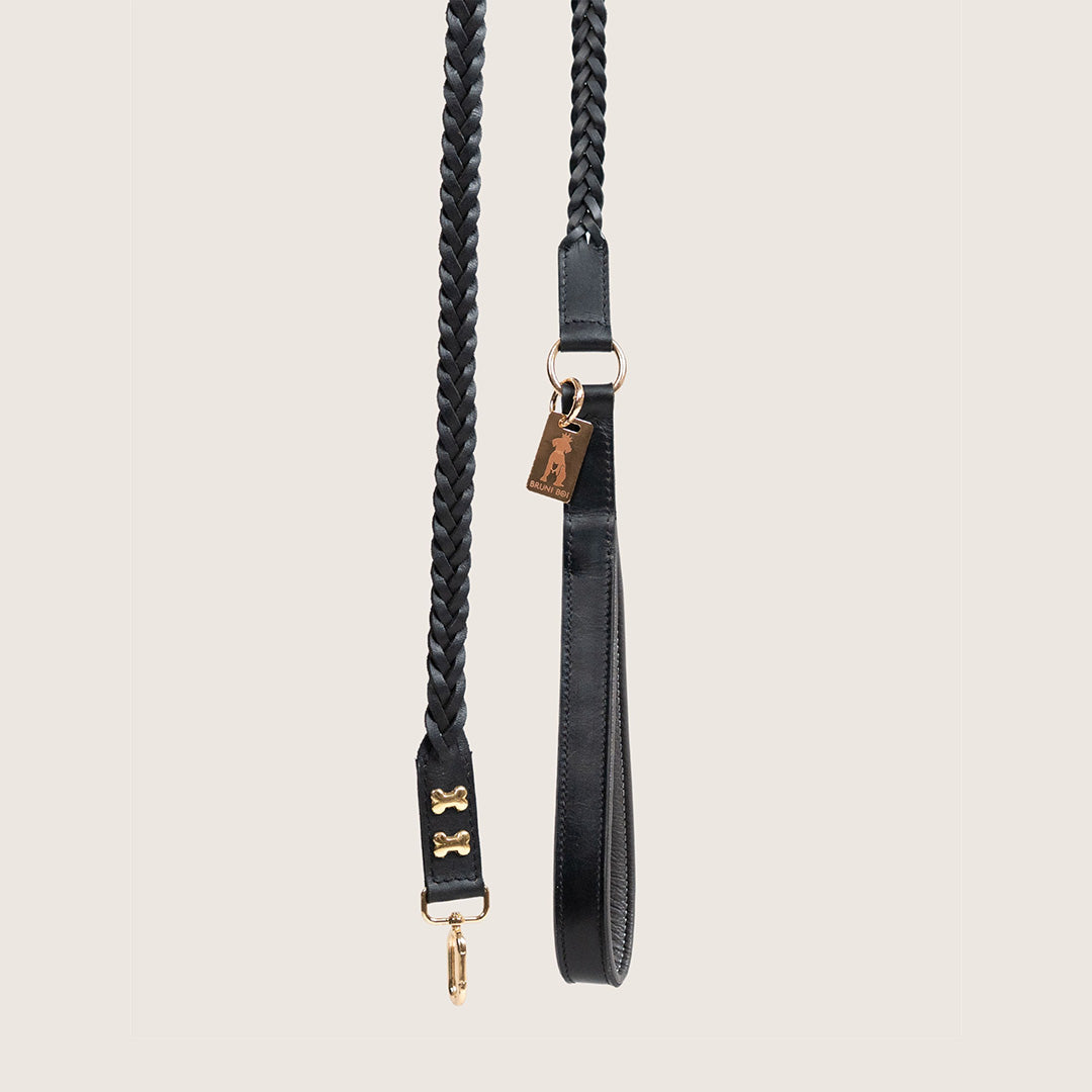 Bruni Boi Braid Black Leather Dog Leash