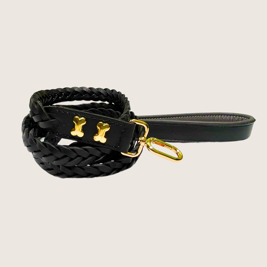 Bruni Boi Braid Black Leather Dog Leash
