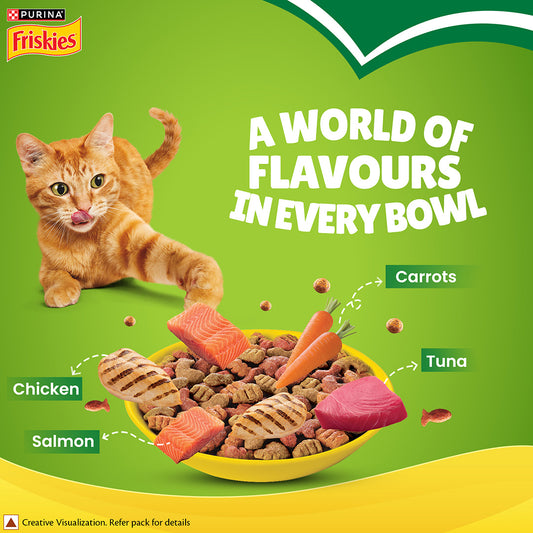 Purina Friskies Indoor Delights Adult Dry Cat Food, 2.5 kg, Contains Salmon, Tuna, Chicken and Vegetables Flavours