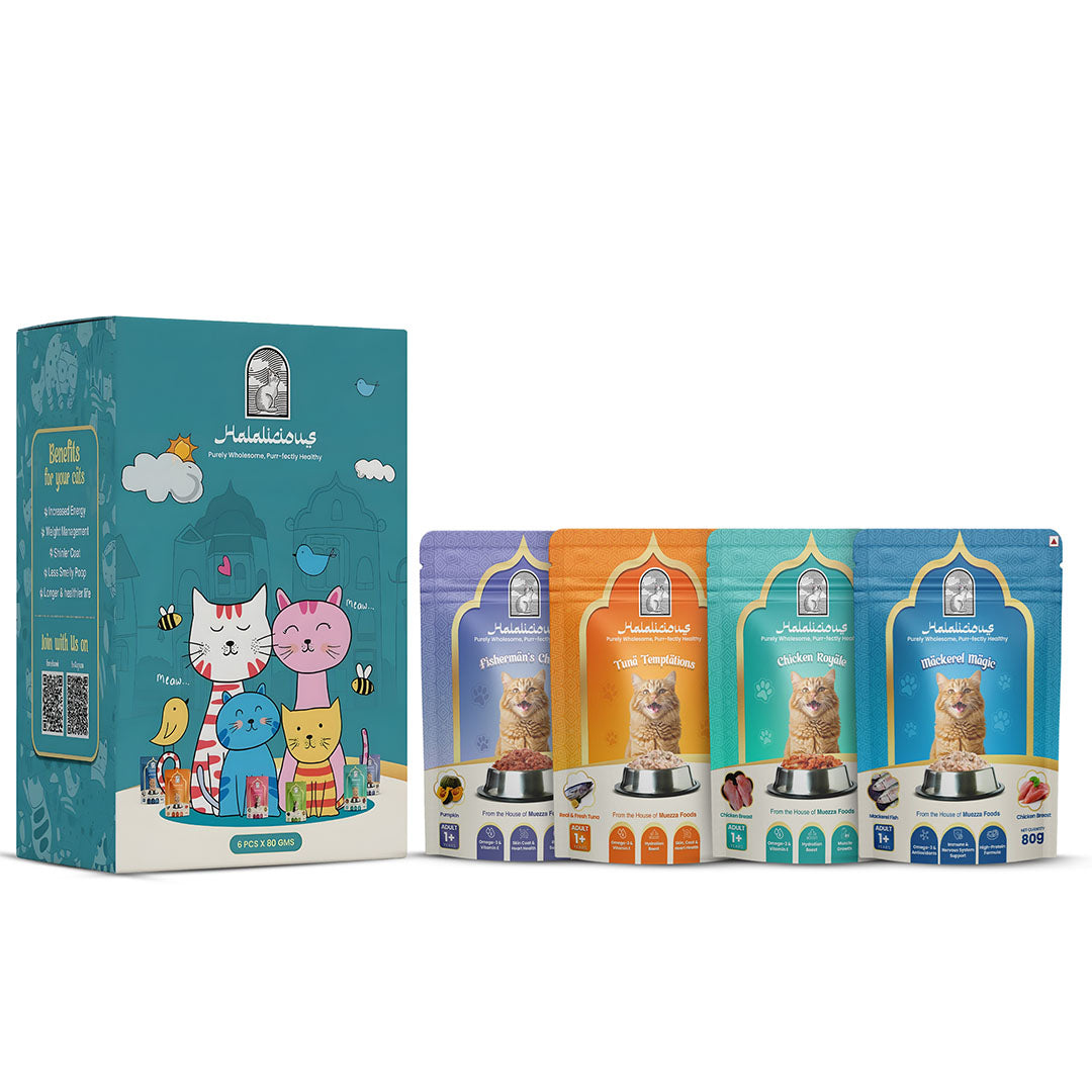 Halalicious Adult Trial Pack Cat Wet Food | Tuna, Mackerel, Fish & Chicken Flavours | 80g x Pack of 6