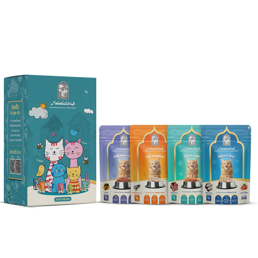 Halalicious Adult Trial Pack Cat Wet Food | Tuna, Mackerel, Fish & Chicken Flavours | 80g x Pack of 6