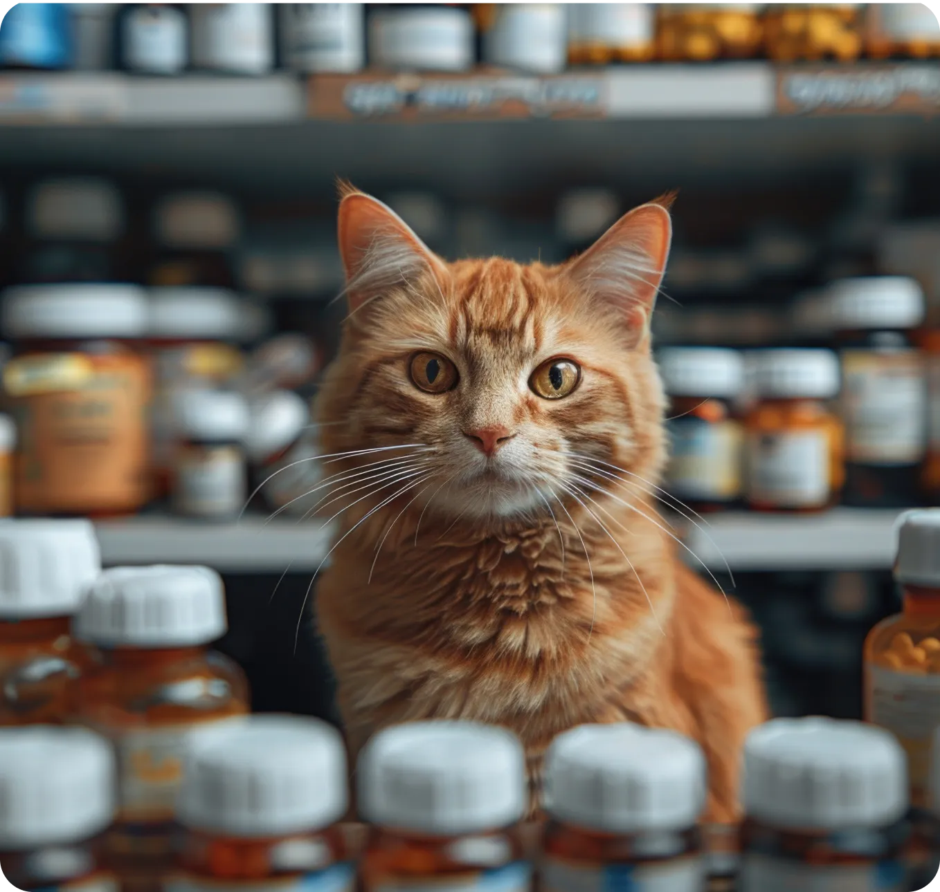 Cat behind a pharmacy counter