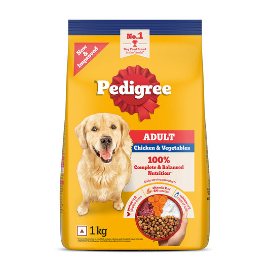 Pedigree Adult Dry Dog Food, Chicken & Vegetables, 1 kg, Contains 37 Essential Nutrients, 100% Complete & Balanced Food for Adult Dogs