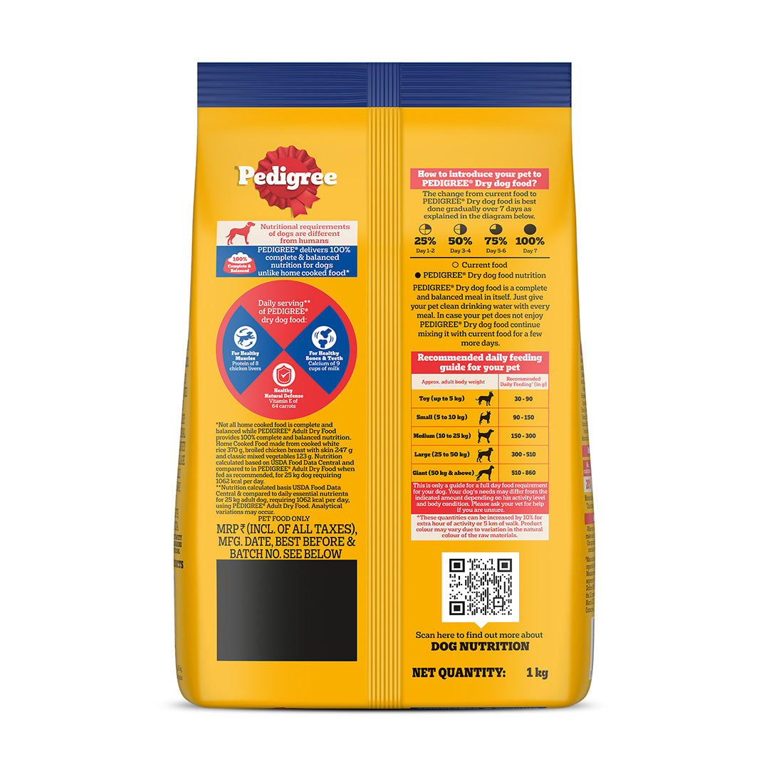 Pedigree Adult Dry Dog Food, Chicken & Vegetables, 1 kg, Contains 37 Essential Nutrients, 100% Complete & Balanced Food for Adult Dogs