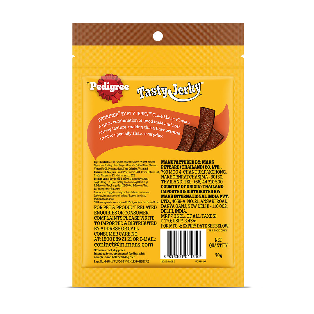 Pedigree Tasty Jerky Dog Treat, Grilled Liver Flavour, 70 g, Jerky-style Treats for Bonding, Low-fat and High-protein* Dog Treats