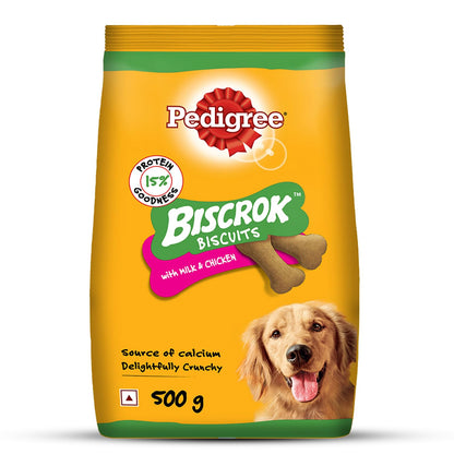 Pedigree Biscrok Biscuits Dog Treat (Above 4 Months), Milk and Chicken Flavor, 500g Pack