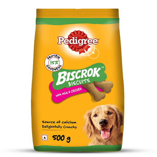 Pedigree Biscrok Biscuits Dog Treat (Above 4 Months), Milk and Chicken Flavor, 500g Pack