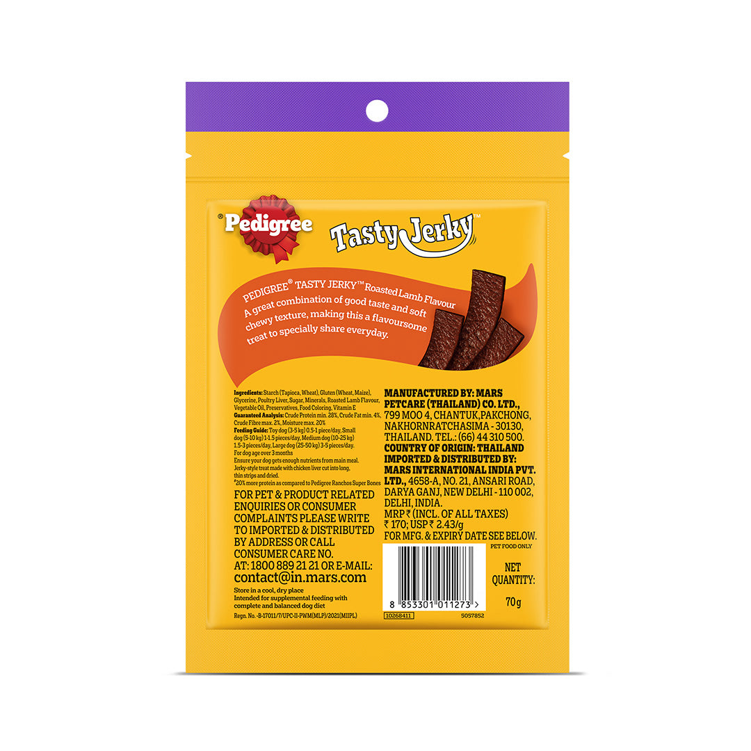 Pedigree Tasty Jerky Dog Treat, Roasted Lamb Flavour, 70 g, Jerky-style Treats for Bonding, Low-fat and High-protein* Dog Treats