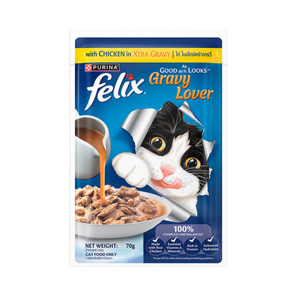 Purina Felix Gravy Lover, Tasty & Real Meaty Chicken Chunks, Wet Cat Food, Balanced Nutrition, 24 Months, 70g