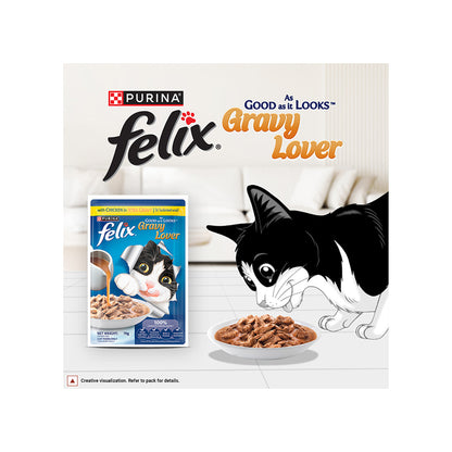 Purina Felix Gravy Lover, Tasty & Real Meaty Chicken Chunks, Wet Cat Food, Balanced Nutrition, 24 Months, 70g