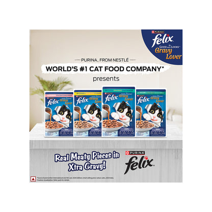 Purina Felix Gravy Lover, Tasty & Real Meaty Chicken Chunks, Wet Cat Food, Balanced Nutrition, 24 Months, 70g