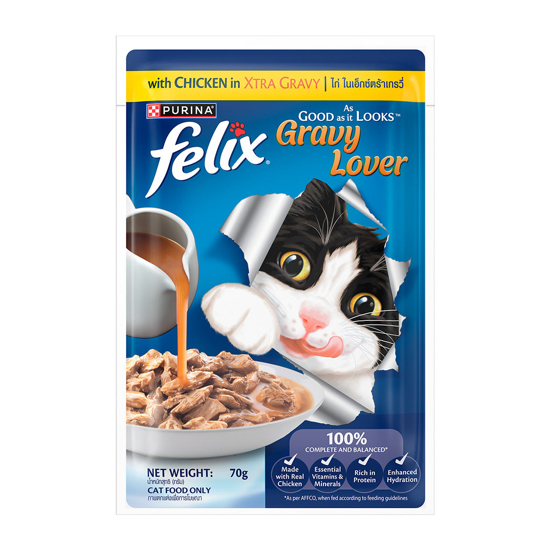 Purina Felix Gravy Lover, Tasty & Real Meaty Chicken Chunks, Wet Cat Food, Balanced Nutrition, 24 Months, Pack of 12 Pouches (12x70g) 