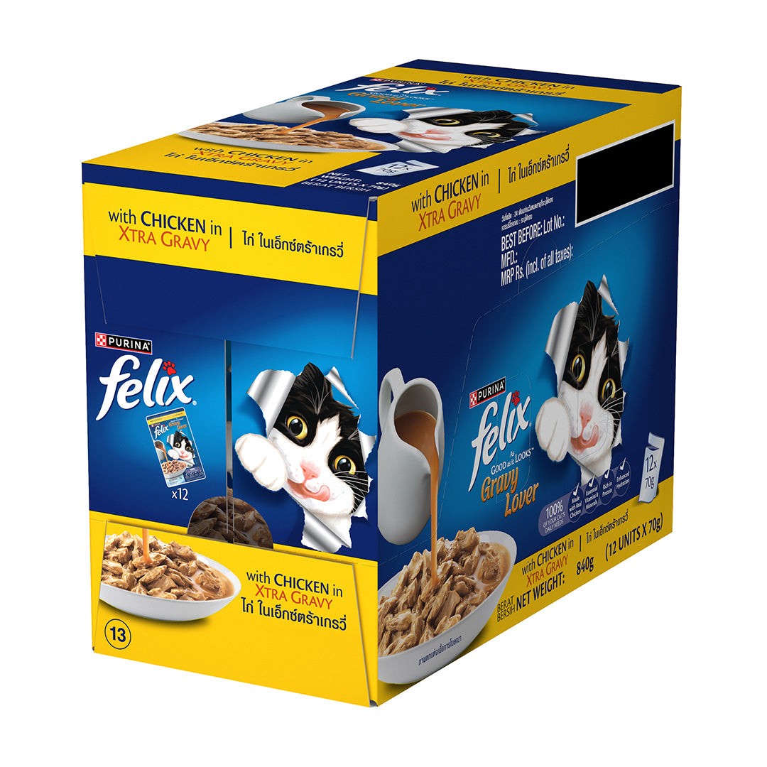 Purina Felix Gravy Lover, Tasty & Real Meaty Chicken Chunks, Wet Cat Food, Balanced Nutrition, 24 Months, Pack of 12 Pouches (12x70g) 