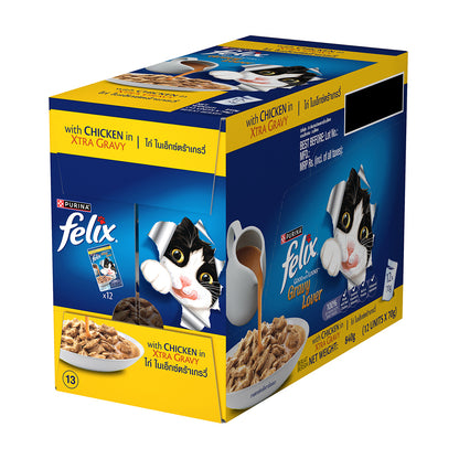 Purina Felix Gravy Lover, Tasty & Real Meaty Chicken Chunks, Wet Cat Food, Balanced Nutrition, 24 Months, Pack of 12 Pouches (12x70g) 