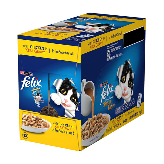 Purina Felix Gravy Lover, Tasty & Real Meaty Chicken Chunks, Wet Cat Food, Balanced Nutrition, 24 Months, Pack of 12 Pouches (12x70g) 