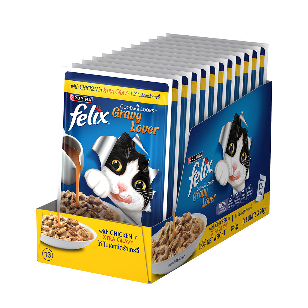 Purina Felix Gravy Lover, Tasty & Real Meaty Chicken Chunks, Wet Cat Food, Balanced Nutrition, 24 Months, Pack of 12 Pouches (12x70g) 