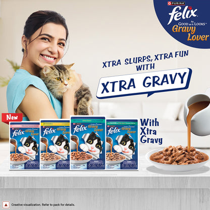 Purina Felix Gravy Lover, Tasty & Real Meaty Tuna Chunks, Wet Cat Food, Balanced Nutrition, 24 Months, Pack of 12 Pouches (12x70g) 