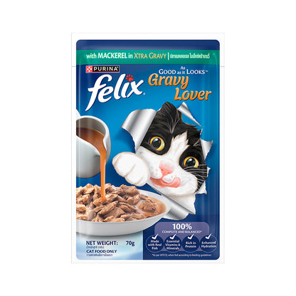 Purina Felix Gravy Lover, Tasty & Real Meaty Mackerel Chunks, Wet Cat Food, Balanced Nutrition, 24 Months, 70g