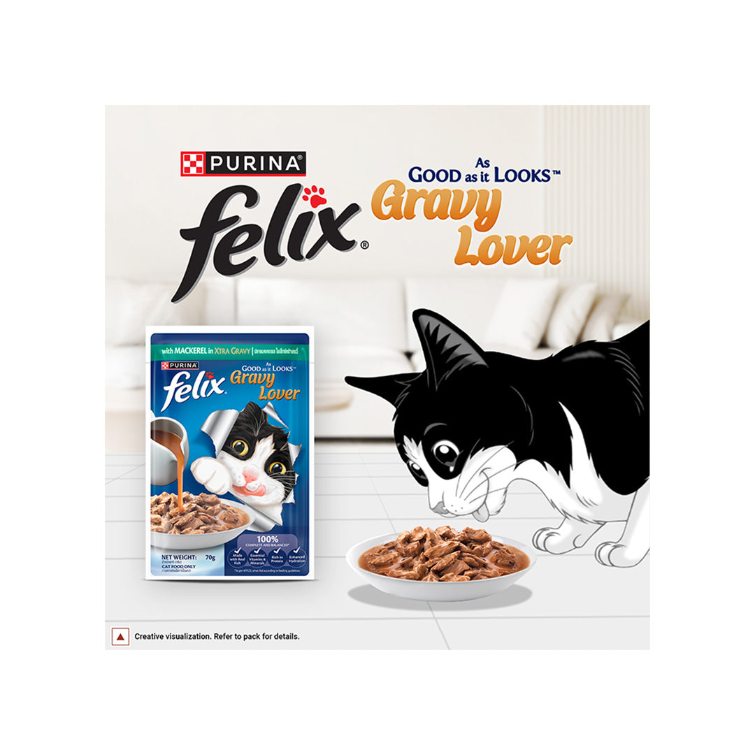 Purina Felix Gravy Lover, Tasty & Real Meaty Mackerel Chunks, Wet Cat Food, Balanced Nutrition, 24 Months, 70g