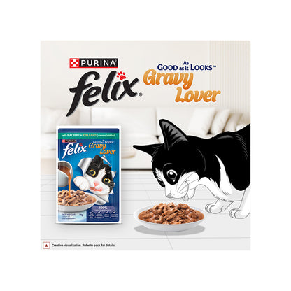 Purina Felix Gravy Lover, Tasty & Real Meaty Mackerel Chunks, Wet Cat Food, Balanced Nutrition, 24 Months, 70g