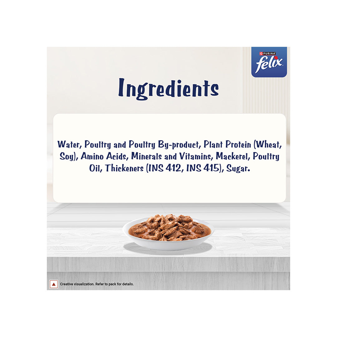 Purina Felix Gravy Lover, Tasty & Real Meaty Mackerel Chunks, Wet Cat Food, Balanced Nutrition, 24 Months, 70g
