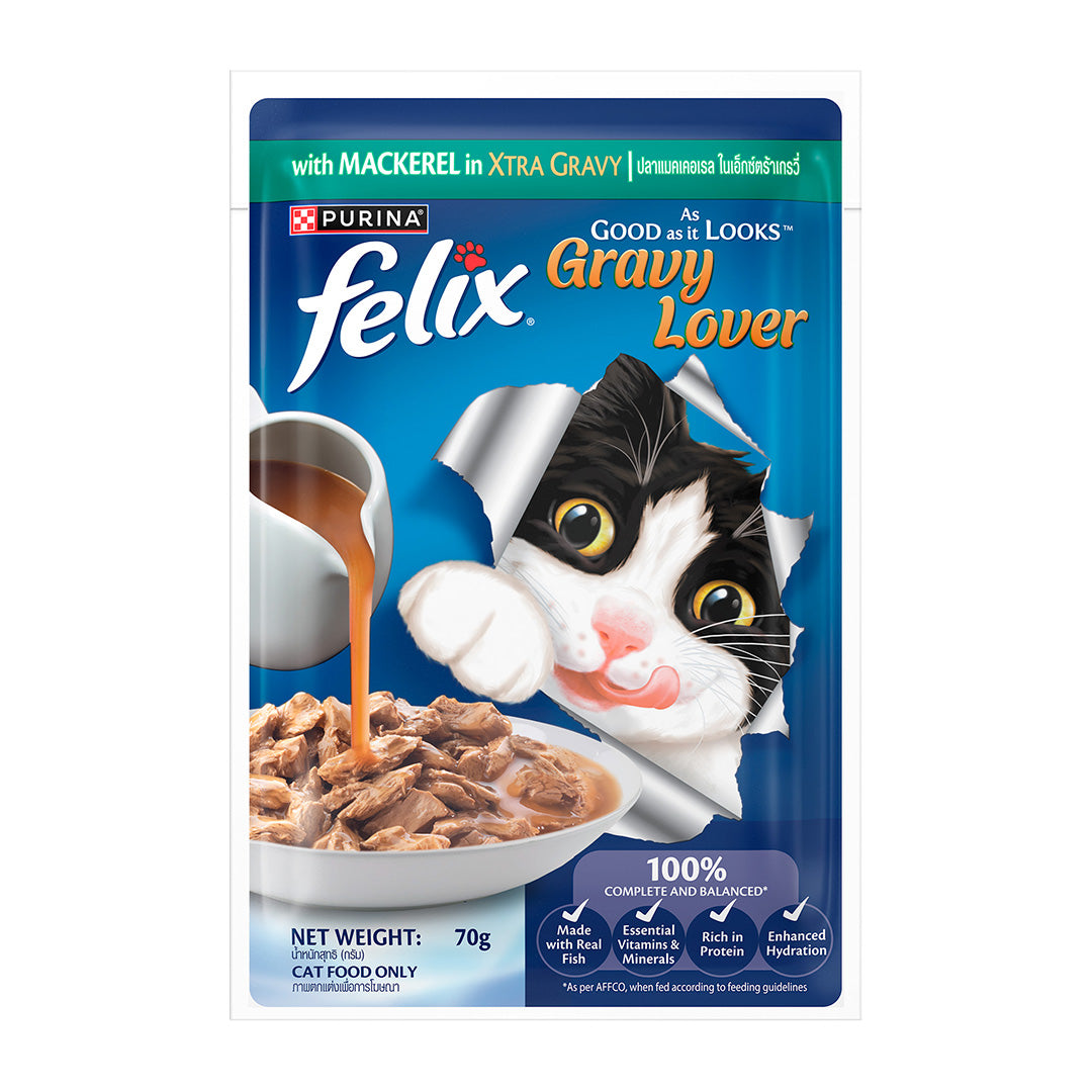 Purina Felix Gravy Lover, Tasty & Real Meaty Mackerel Chunks, Wet Cat Food, Balanced Nutrition, 24 Months, Pack of 12 Pouches (12x70g) 