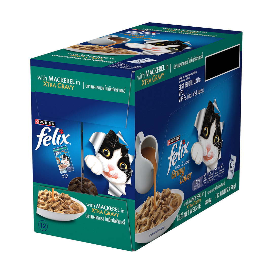Purina Felix Gravy Lover, Tasty & Real Meaty Mackerel Chunks, Wet Cat Food, Balanced Nutrition, 24 Months, Pack of 12 Pouches (12x70g) 