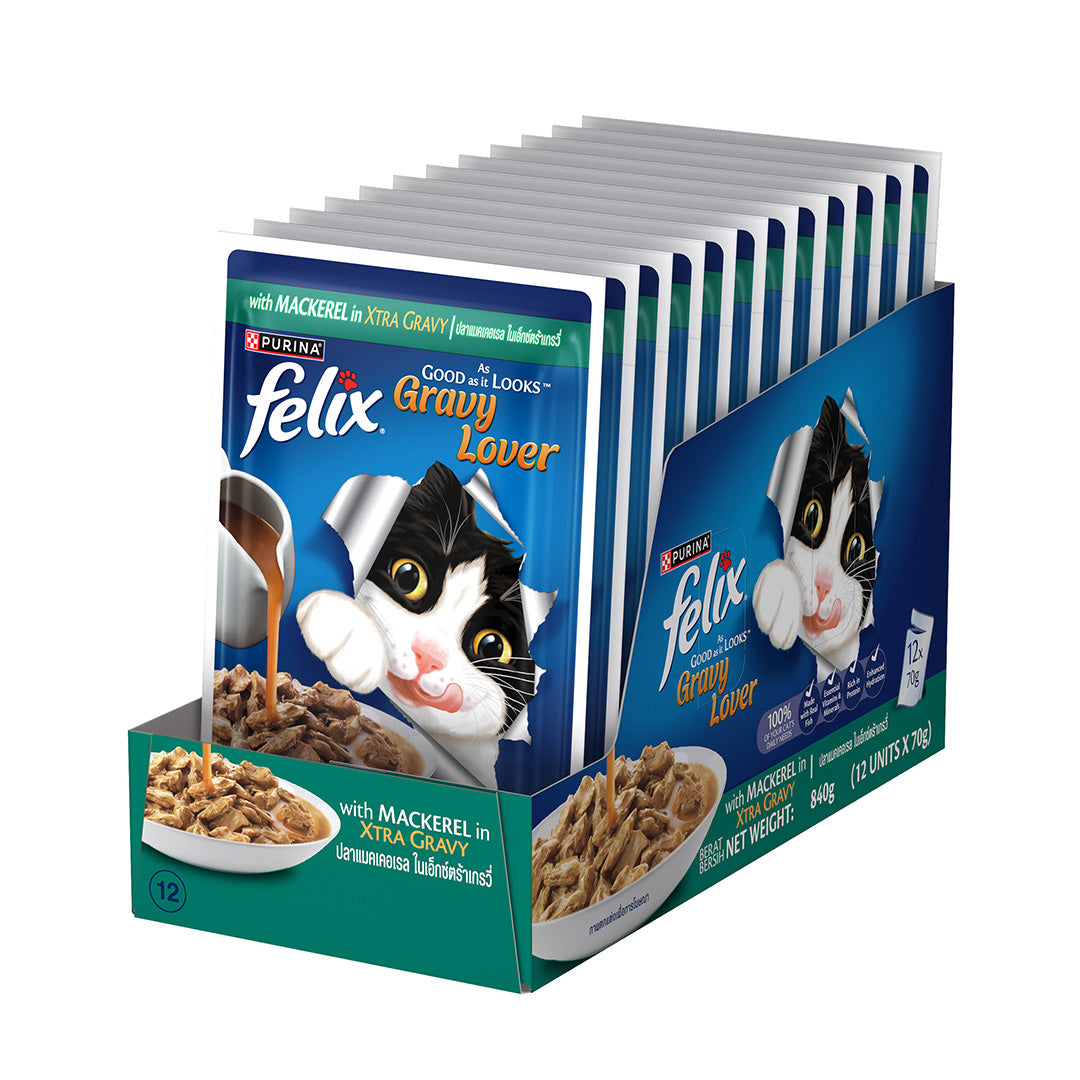 Purina Felix Gravy Lover, Tasty & Real Meaty Mackerel Chunks, Wet Cat Food, Balanced Nutrition, 24 Months, Pack of 12 Pouches (12x70g) 