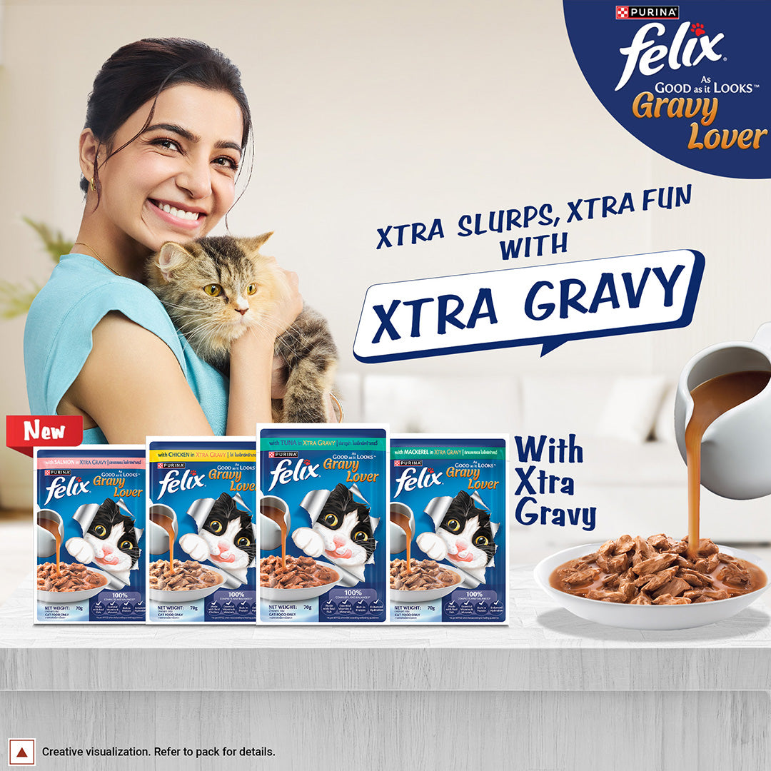 Purina Felix Gravy Lover, Tasty & Real Meaty Mackerel Chunks, Wet Cat Food, Balanced Nutrition, 24 Months, Pack of 12 Pouches (12x70g) 